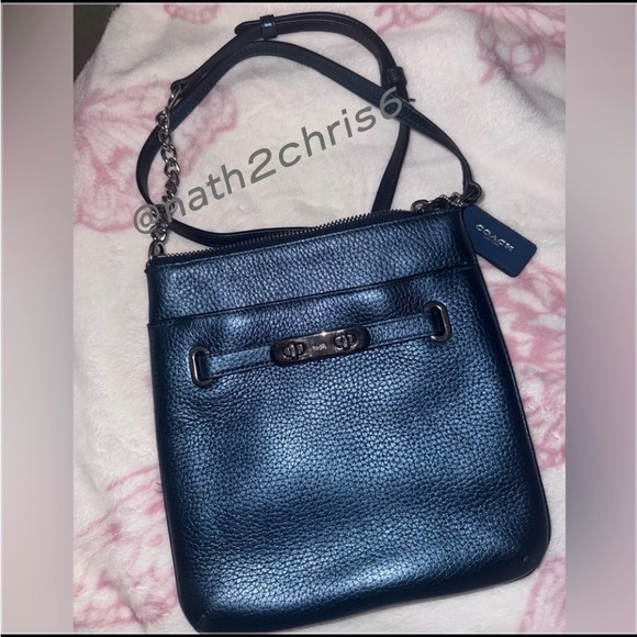 COACH Swingpack Metallic Blue Pebble Leather CrossBody Bag EUC - Picture 4 of 14